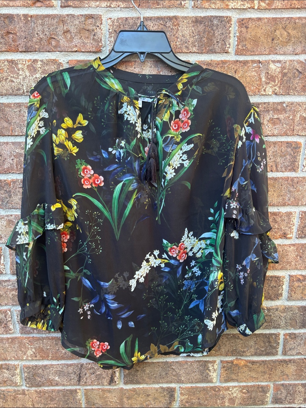 Chicos Sheer Black Floral Tie-tassels  Blouse - Womens